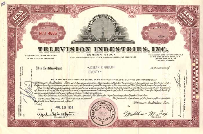 Television Industries, Inc  - Stock Certificate